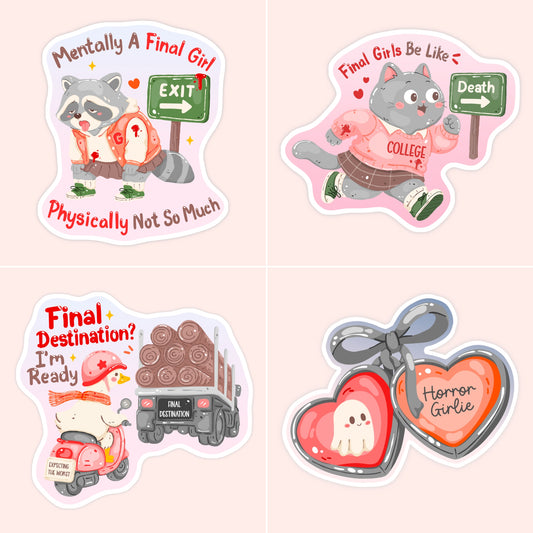Cute illustrated horror sticker featuring funny final girl and Final Destination-inspired designs with pastel spooky characters