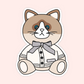 Cute cat wearing a cream cardigan with a grey bow and Taylor Swift inspired folklore style details