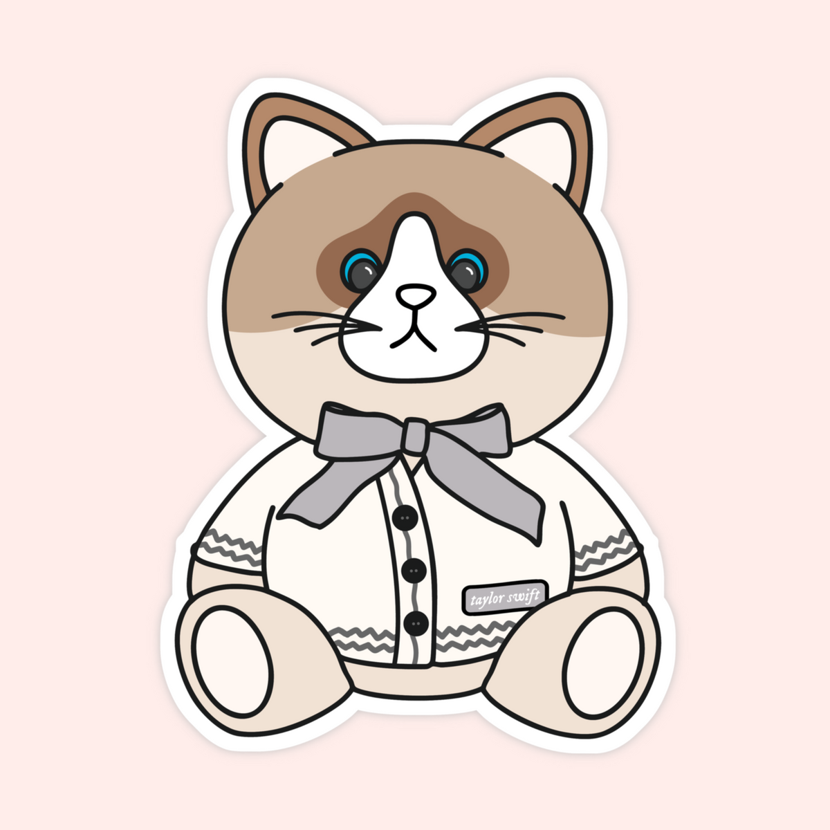 Cute cat wearing a cream cardigan with a grey bow and Taylor Swift inspired folklore style details