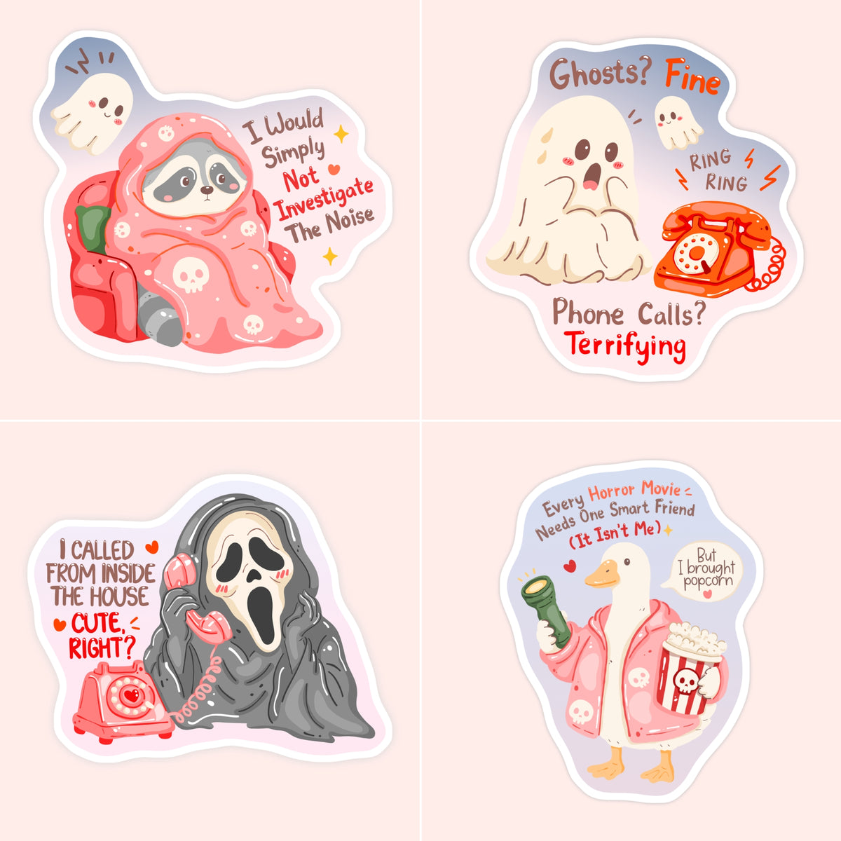 Four cartoon die-cut stickers arranged in a 2x2 grid on a pale pink background. The stickers feature horror-themed illustrations: a cat in a pink blanket with a ghost, a white ghost with a red rotary phone, Ghostface with a phone, and a goose holding a popcorn bucket and flashlight with text references to horror movies.