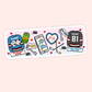 A rectangular sticker with rounded corners featuring a white border and a colorful ice hockey theme illustration. The design includes two hockey jerseys with player numbers, a smartphone, keys, pucks, sticks, and small red hearts, with humorous text labels.