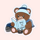 A die-cut sticker featuring a cute cartoon brown teddy bear wearing a blue striped beanie with a pom-pom and a blue striped scarf, sitting and reading a light blue book that says 'HOCKEY ROMANCE'. The bear holds a hockey puck and wears a hockey helmet.