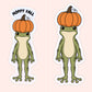 Cute green frog wearing a pumpkin hat sticker, available with or without the phrase “Hoppy Fall”