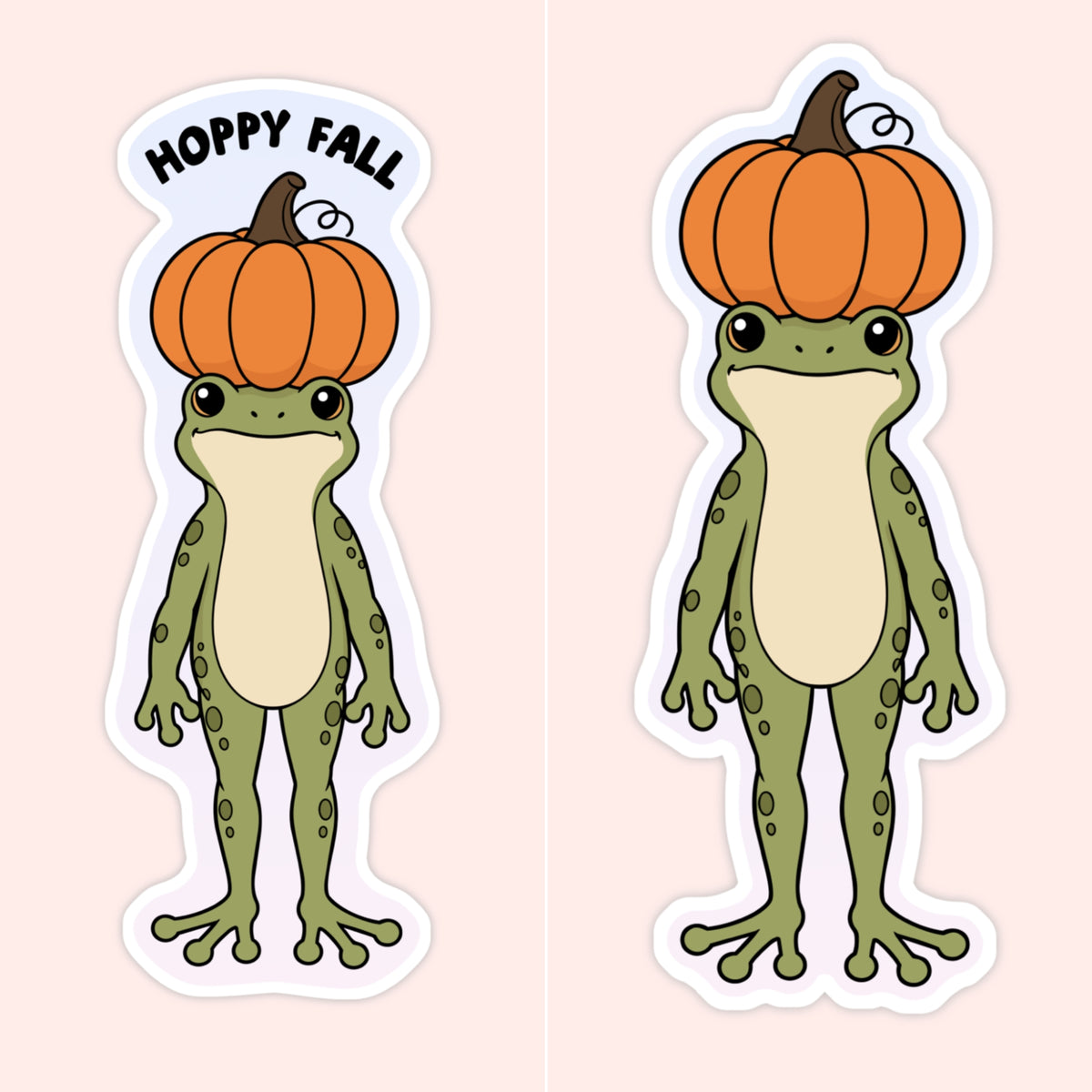 Cute green frog wearing a pumpkin hat sticker, available with or without the phrase “Hoppy Fall”