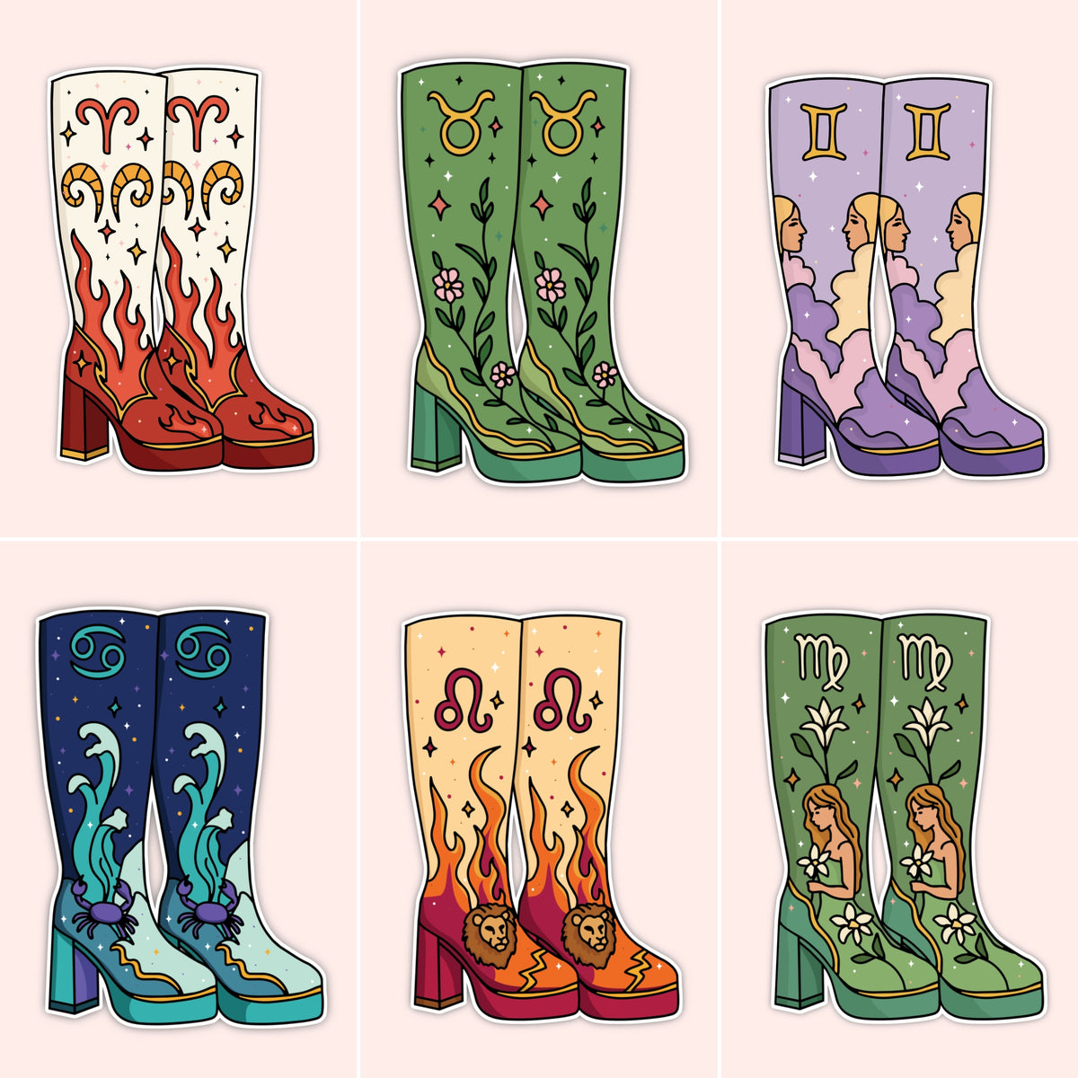 Six pairs of illustrated high-heeled boots arranged in a 2x3 grid on a pale pink background. Each pair features a different zodiac symbol and whimsical decorative motifs: Aries with flames, Taurus with flowers, Pisces with profiles, Virgo with waves, Leo with flames, and Capricorn with floral details.