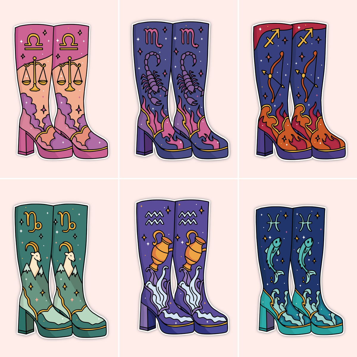 Six pairs of illustrated high-heeled rain boots arranged in a 2x3 grid on a pale pink background. Each pair is decorated with a different zodiac symbol and astrological motif: Libra, Scorpio, Aquarius, Capricorn, Pisces, and Aquarius.
