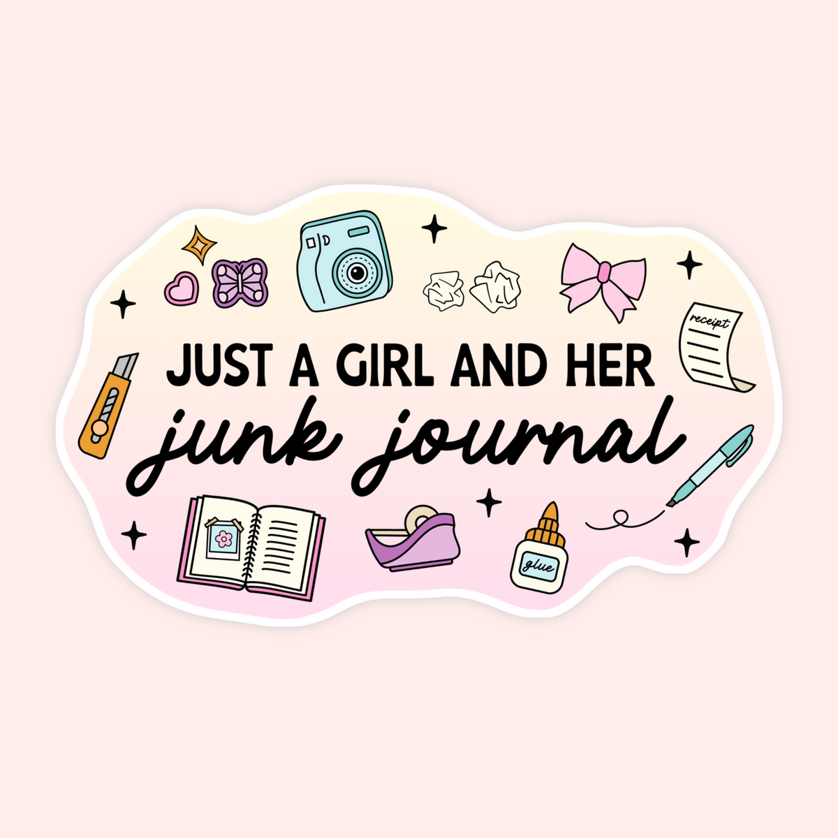 A die-cut sticker with a wavy border featuring cute school and stationery illustrations like a camera, bow, pencil, notebook, and glue stick, with the text 'JUST A GIRL AND HER junk journal' on a pale pink background.