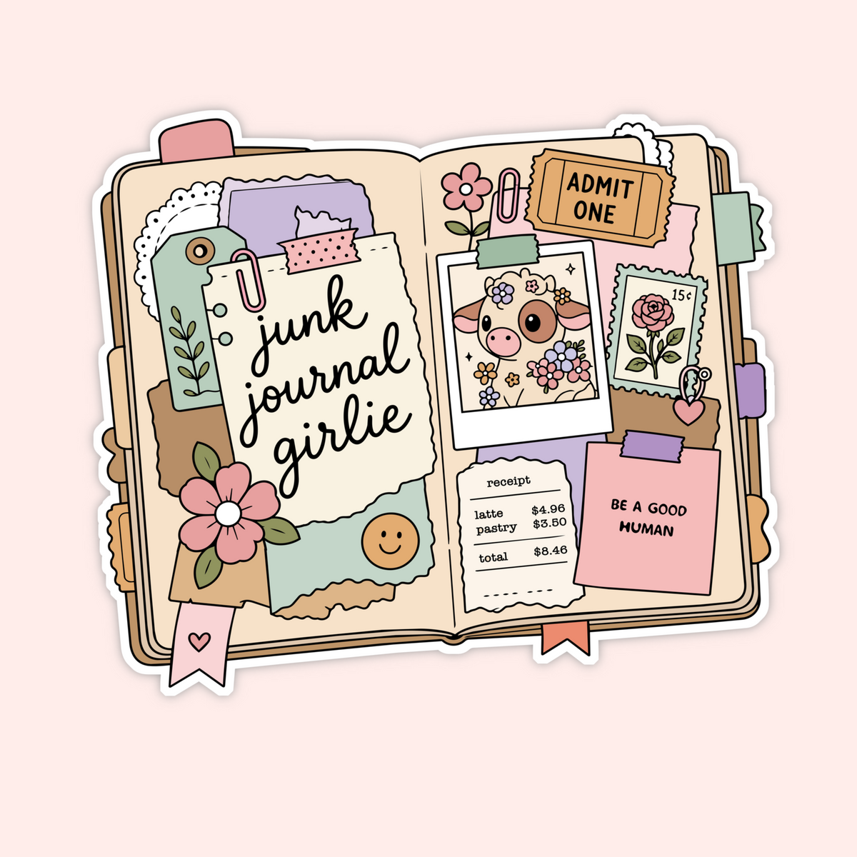 A die-cut sticker depicting an open scrapbook journal with cute, whimsical collage elements including a cow illustration, flowers, paperclips, and handwritten notes on a pale pink background.