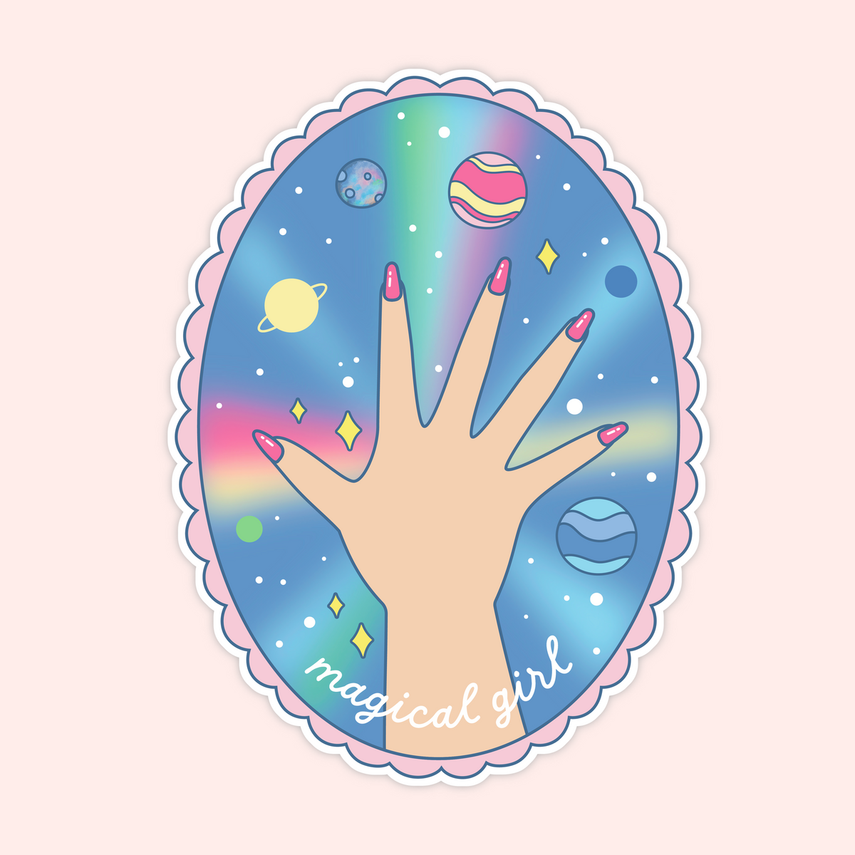 An oval sticker or decal featuring a pastel rainbow cosmic scene with planets, stars, and a handprint in the center, bordered in pink scalloped edges. The words 'magical girl' appear in white script near the bottom.