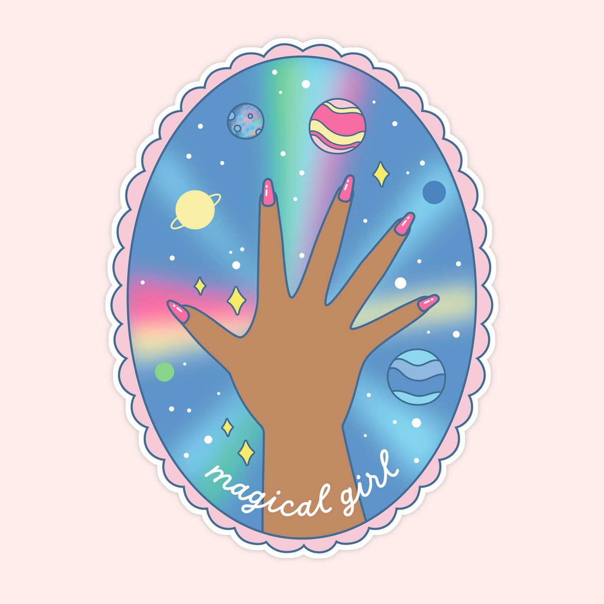 A die-cut sticker featuring a hand with pink manicured nails against a pastel rainbow galaxy background with planets and stars, and the words 'magical girl' in white script. The sticker is shown on a light pink background.
