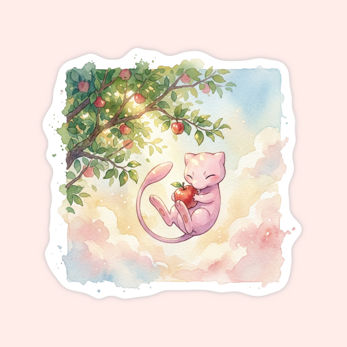 A die-cut sticker featuring a pastel watercolor illustration of a pink cat holding a red apple under a leafy tree, set against a soft pink background.