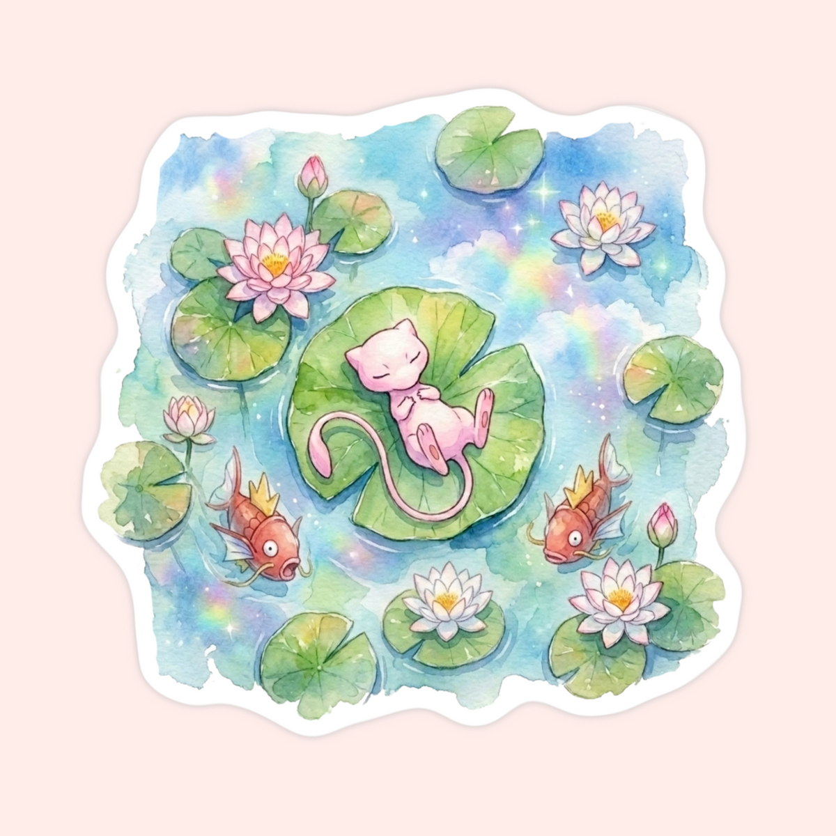 A die-cut sticker featuring a watercolor illustration of a pink cat lounging on a green lily pad among pink and white water lilies, with small orange fish in a pastel blue pond, shown on a pale pink background.