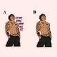 Illustrated tattooed shirtless man sticker with pink outline, available with or without the phrase “I’m Not Done With You Yet”