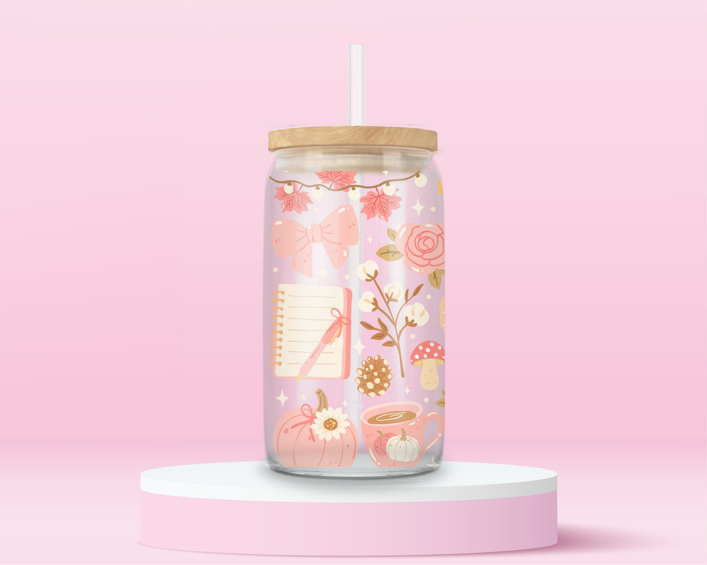 Pink Fall Glass Tumbler 🍁🎀