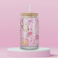 “Girly essentials tumbler with makeup and iced coffee icons – pink aesthetic drink cup for hot girls.”