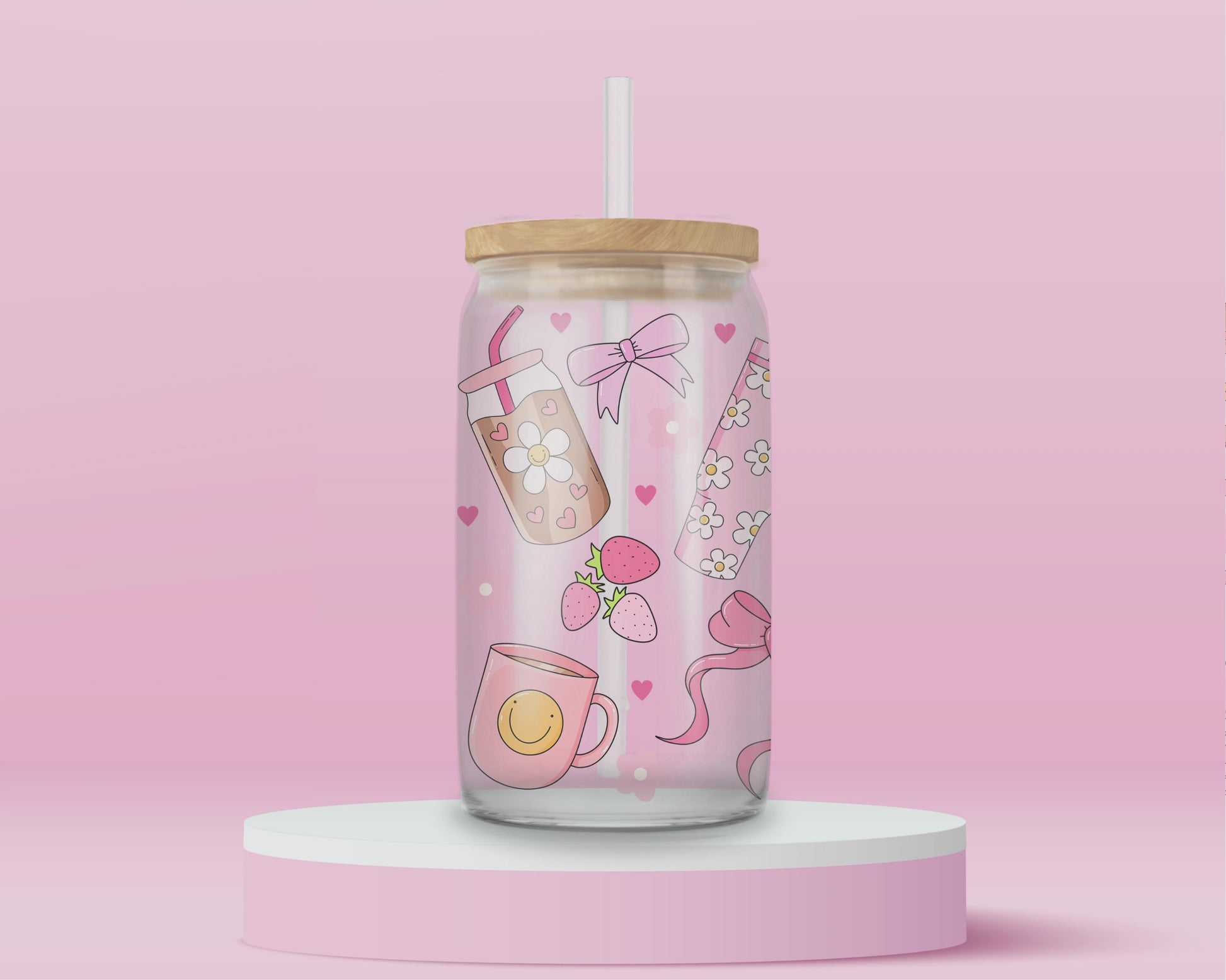 “Girly essentials tumbler with makeup and iced coffee icons – pink aesthetic drink cup for hot girls.”