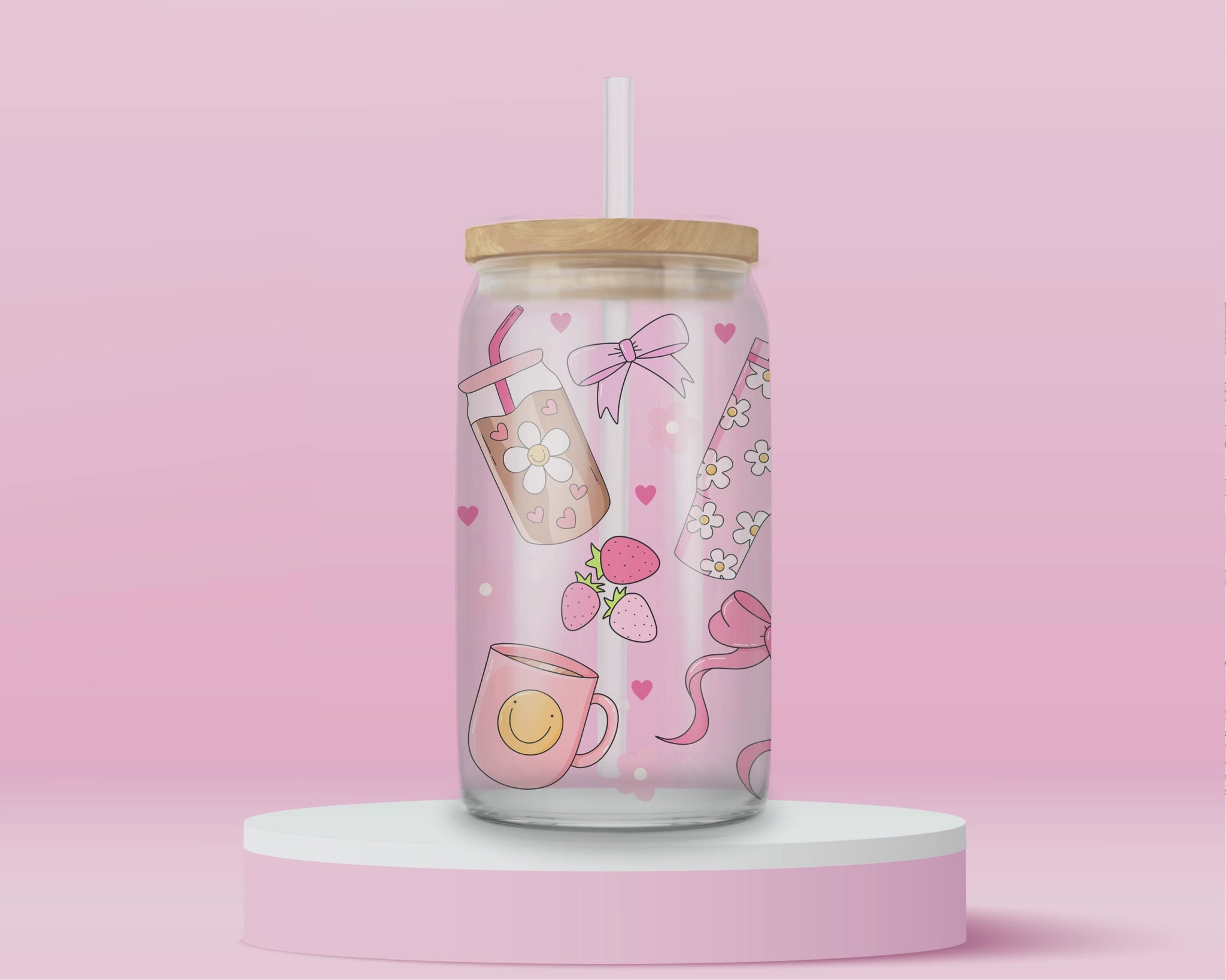 “Girly essentials tumbler with makeup and iced coffee icons – pink aesthetic drink cup for hot girls.”