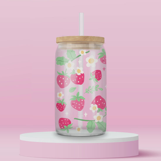 “Strawberry-themed glass tumbler with vines – cute aesthetic drinkware for fruity summer vibes.”