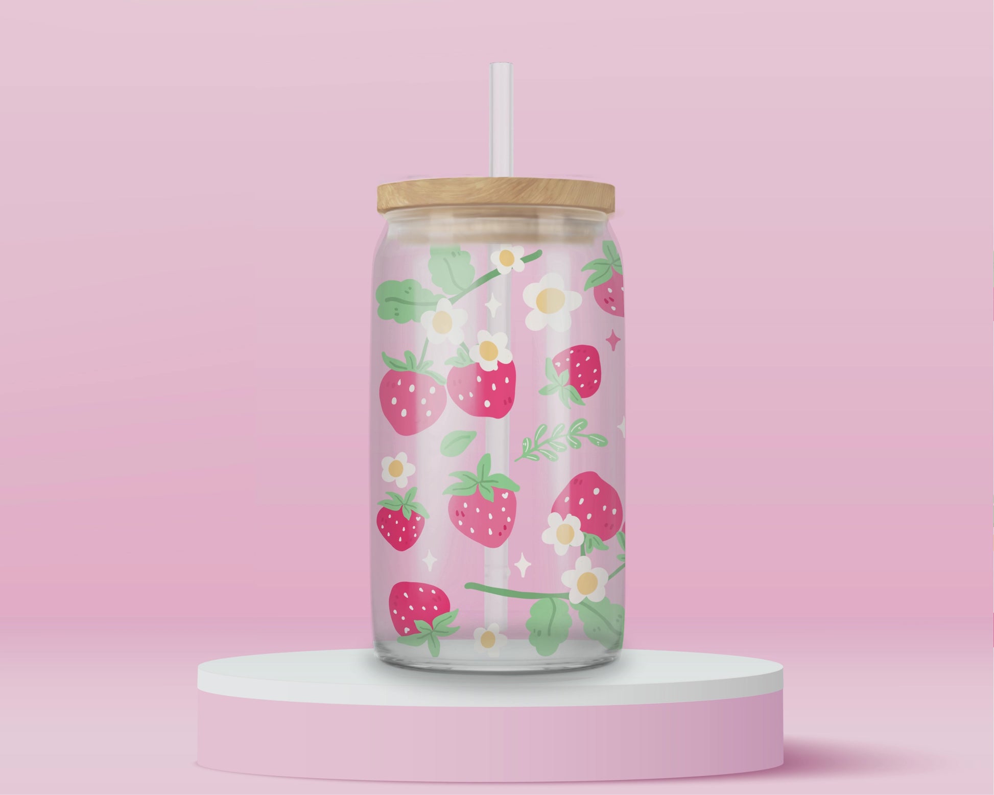 “Strawberry-themed glass tumbler with vines – cute aesthetic drinkware for fruity summer vibes.”