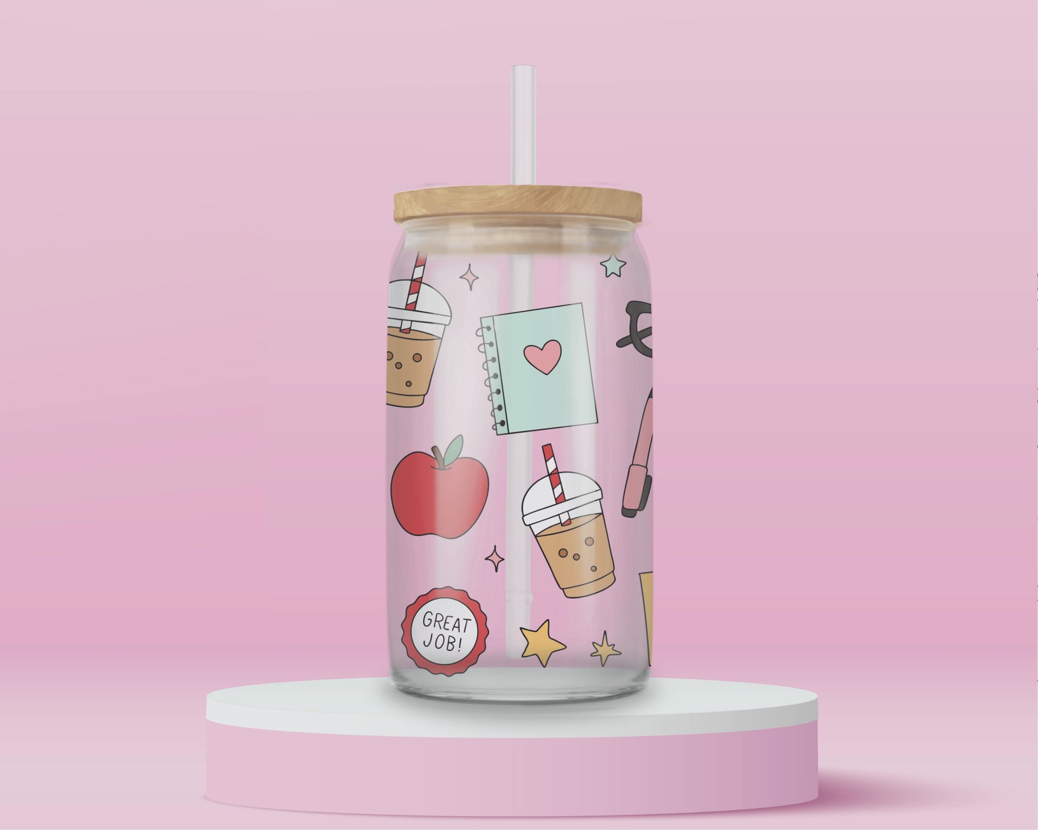 “Teacher-themed glass tumbler with apples, pencils, and stars – cute gift idea for educators.”