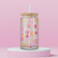 “Aesthetic iced coffee cup with pastel floral design – cute glass tumbler for spring and summer vibes.”