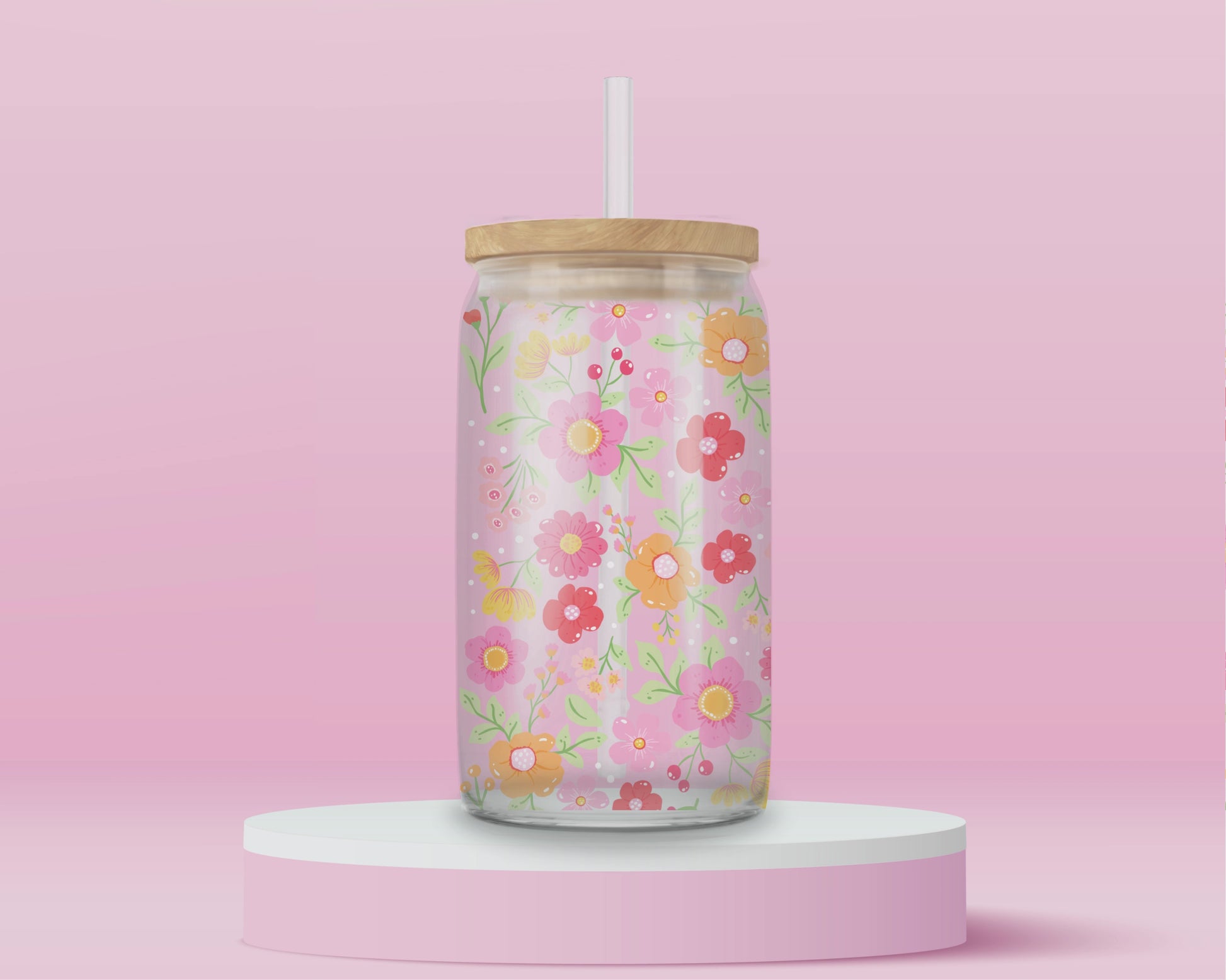 “Aesthetic iced coffee cup with pastel floral design – cute glass tumbler for spring and summer vibes.”