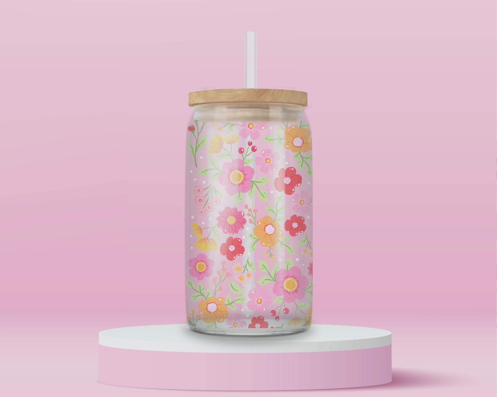 “Aesthetic iced coffee cup with pastel floral design – cute glass tumbler for spring and summer vibes.”