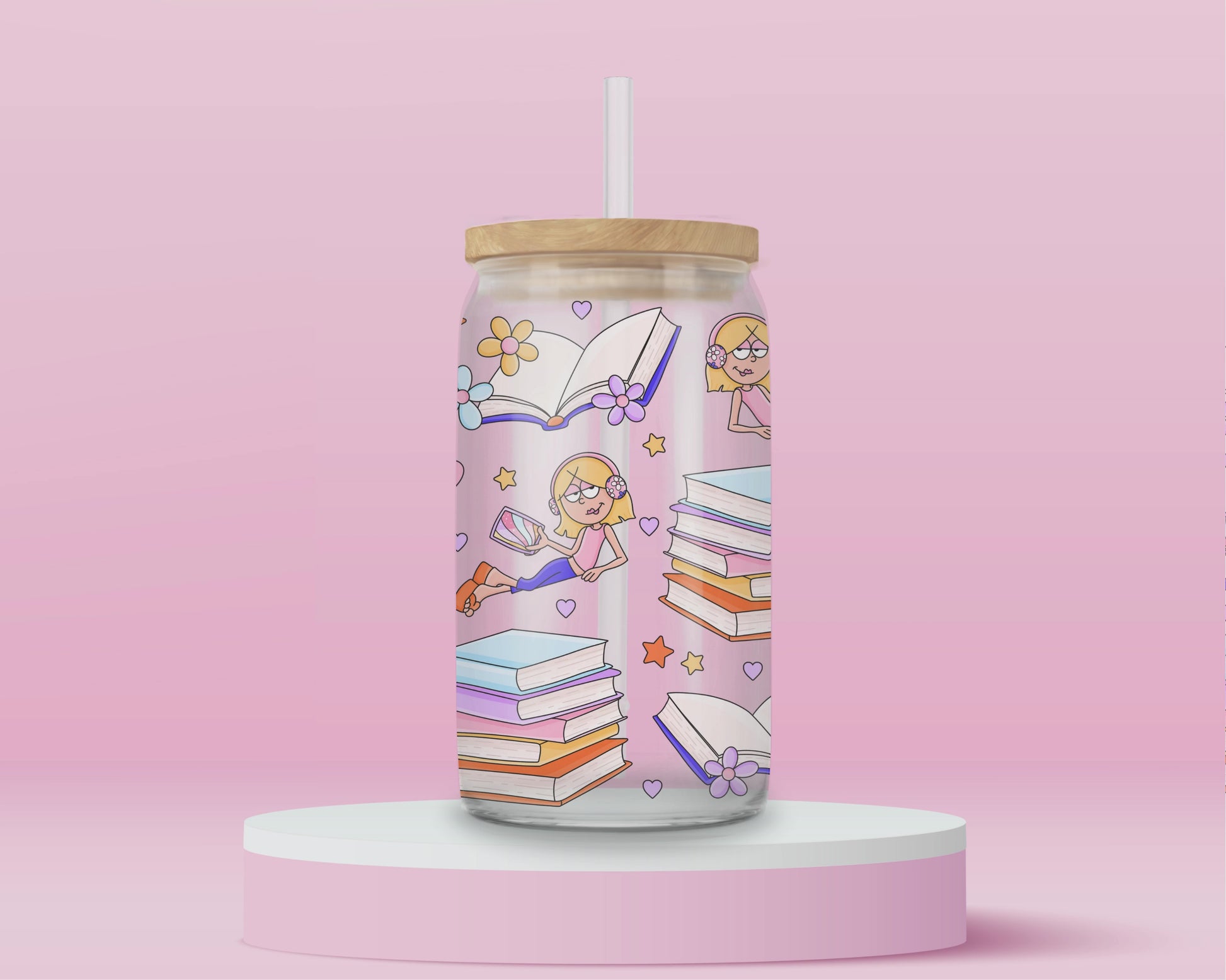 Pink glass tumbler with cartoon Lizzie McGuire reading, surrounded by stacks of pastel books, open pages, hearts, flowers, and stars — perfect for your inner Y2K bookworm.