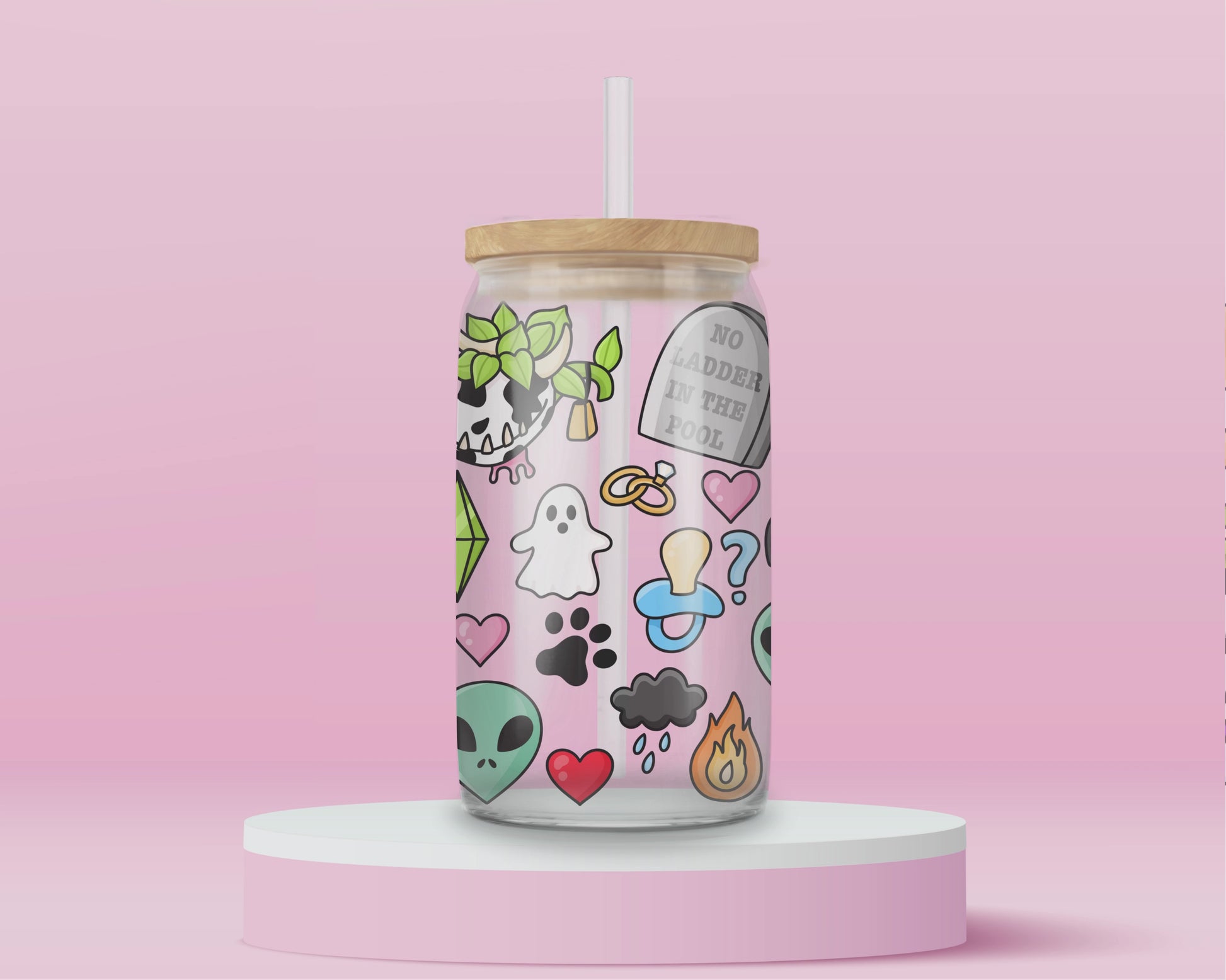 Glass cup with playful Sims-inspired icons including ghosts, plumbobs, gravestones that read “No Ladder in the Pool,” hearts, aliens, skull plants, and colorful objects.