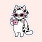 A cartoon cat sticker or decal on a pale pink background. The cat is white with black cow-print spots, wears pink sunglasses, holds a pink book with a heart, and carries a pink-and-black patterned handbag.