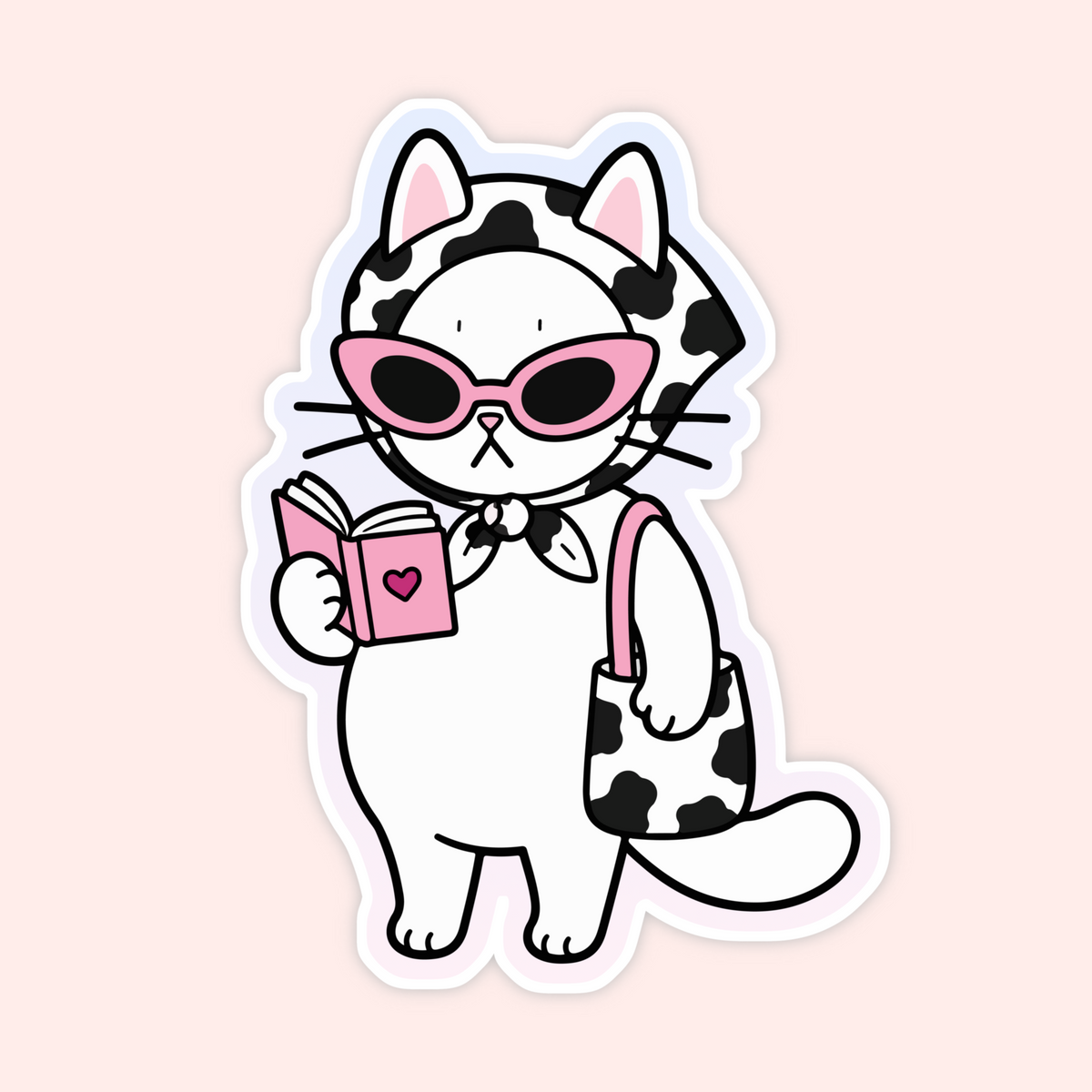 A cartoon cat sticker or decal on a pale pink background. The cat is white with black cow-print spots, wears pink sunglasses, holds a pink book with a heart, and carries a pink-and-black patterned handbag.