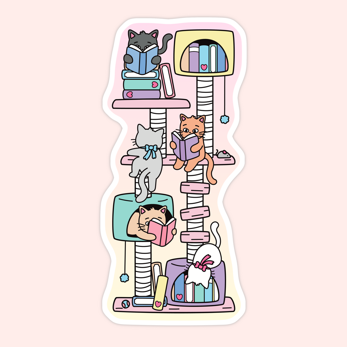 A die-cut sticker featuring a whimsical illustration of several cats reading books on a tall, pastel-colored cat tree. The sticker is shown against a soft pink background.