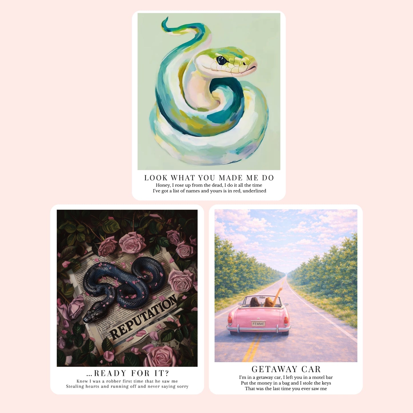 Clear laminate sticker collection featuring song-inspired art designs for the Reputation era, including Getaway Car, ...Ready For It?, and Look What You Made Me Do, with soft painterly artwork and lyric-inspired themes.