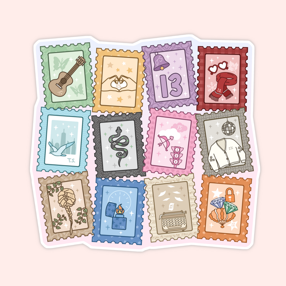 Taylor Swift-inspired sticker collage featuring 12 colourful postage stamp designs inspired by different musical eras