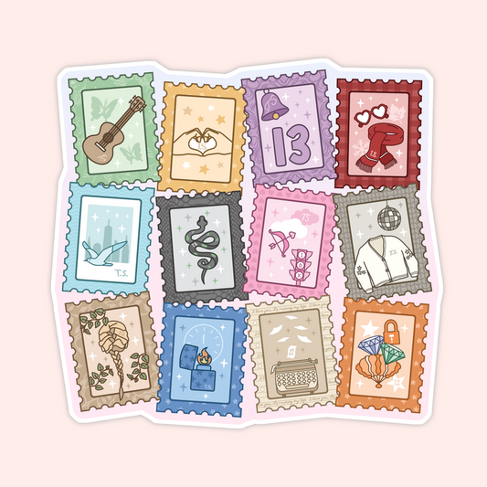 Taylor Swift-inspired sticker collage featuring 12 colourful postage stamp designs inspired by different musical eras