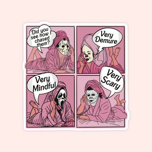 A die-cut sticker featuring a four-panel comic strip in a pink horror-mystery style. The panels show a person in a pink robe and towel trying to communicate with their feet, using facial masks and speech bubbles reading phrases like 'Did you see how I chased them?' and 'Very Scary'.