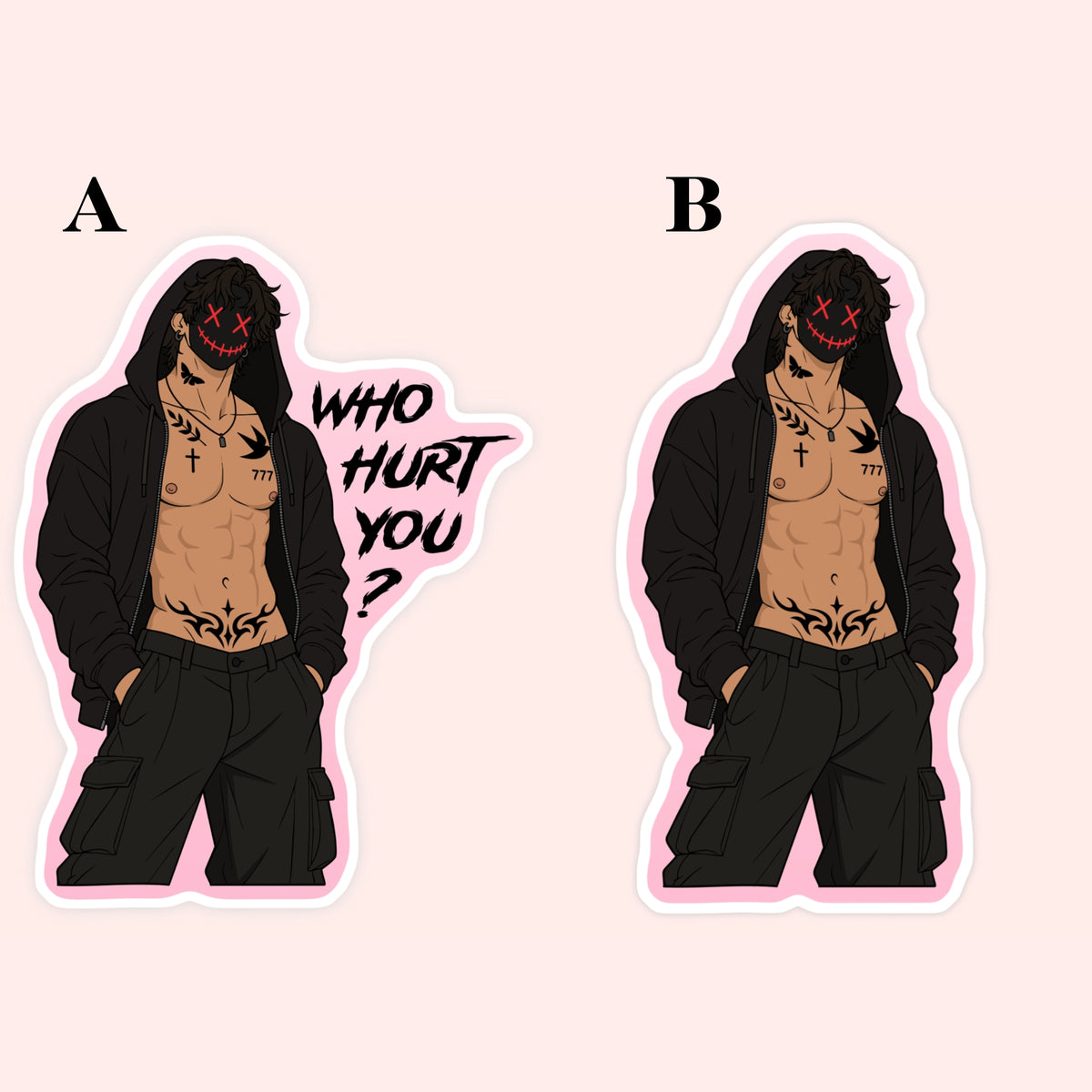 Illustrated tattooed masked man in a black hoodie sticker, available with or without the phrase “Who Hurt You?”