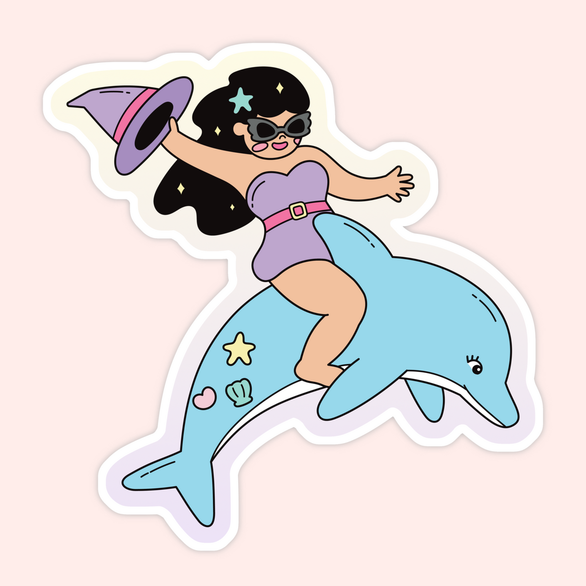 A cartoon-style die-cut sticker showing a woman in a purple swimsuit and witch hat riding a light blue dolphin, on a pale pink background.