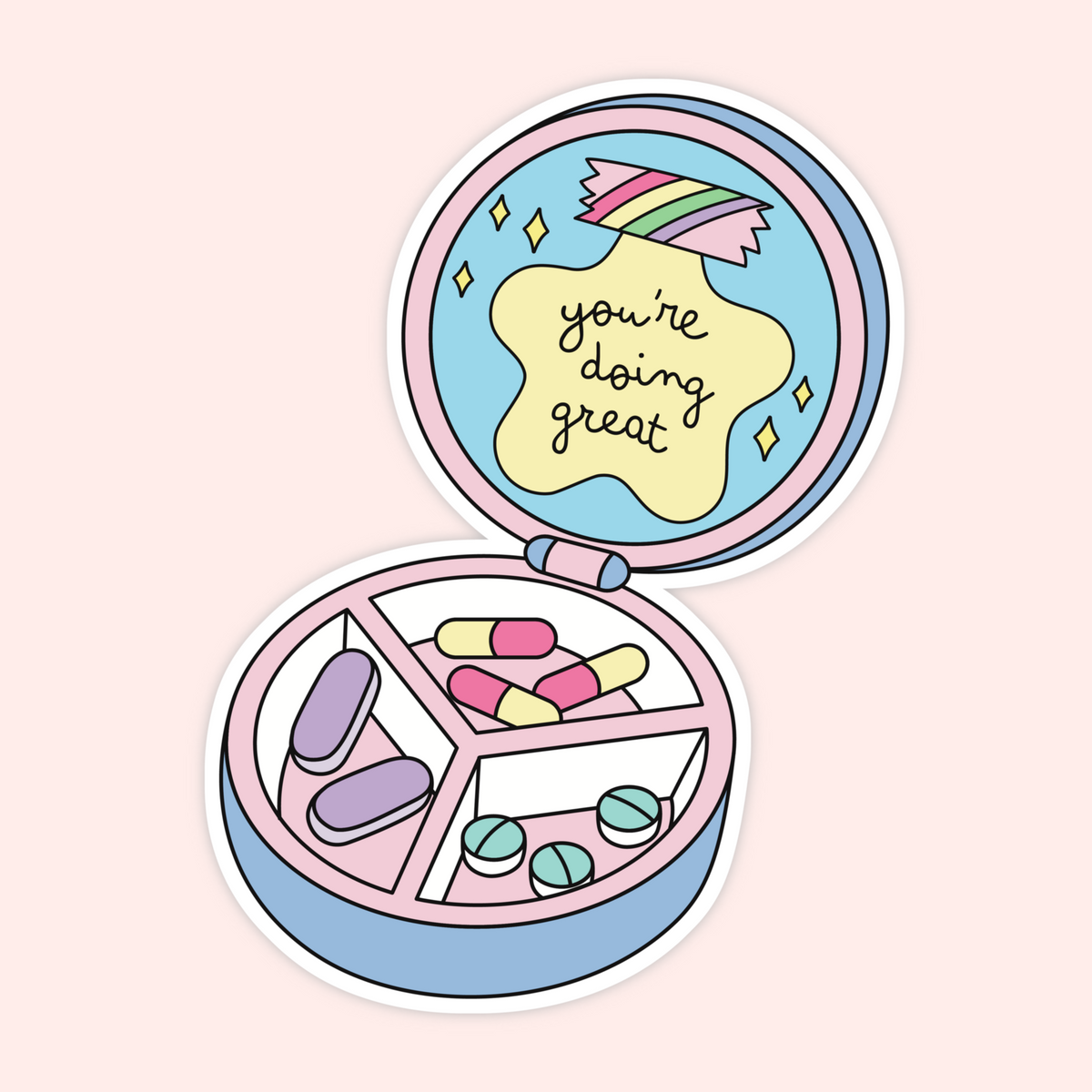 A die-cut sticker featuring a pastel-colored illustrated pill organizer compact with capsules and pills inside, shown open on a light pink background. The inside lid has a yellow cloud shape with the text 'you're doing great' in black script.